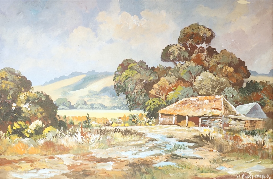 Nicholas Englefield (20th. C), Landscape with outbuildings, signed, oil on canvas board, 49 x 74cm